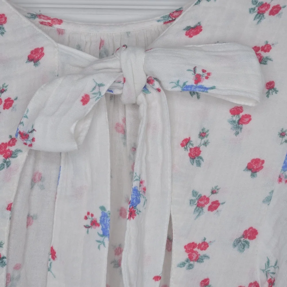 Free People White Floral Peasant Blouse with Pink & Teal Flowers